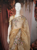 Golden Beige Floral Vine Thread Embroidered Design Pure Tissue Silk Party Wear Saree with Scalloped Border