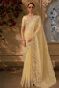Golden Beige Floral Vine Thread Embroidered Design Pure Tissue Silk Party Wear Saree with Scalloped Border