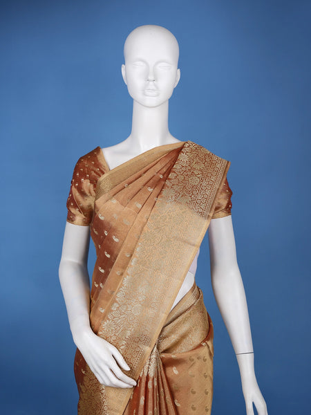 Golden Brown Floral Brocade Design Tissue Saree - Diadem