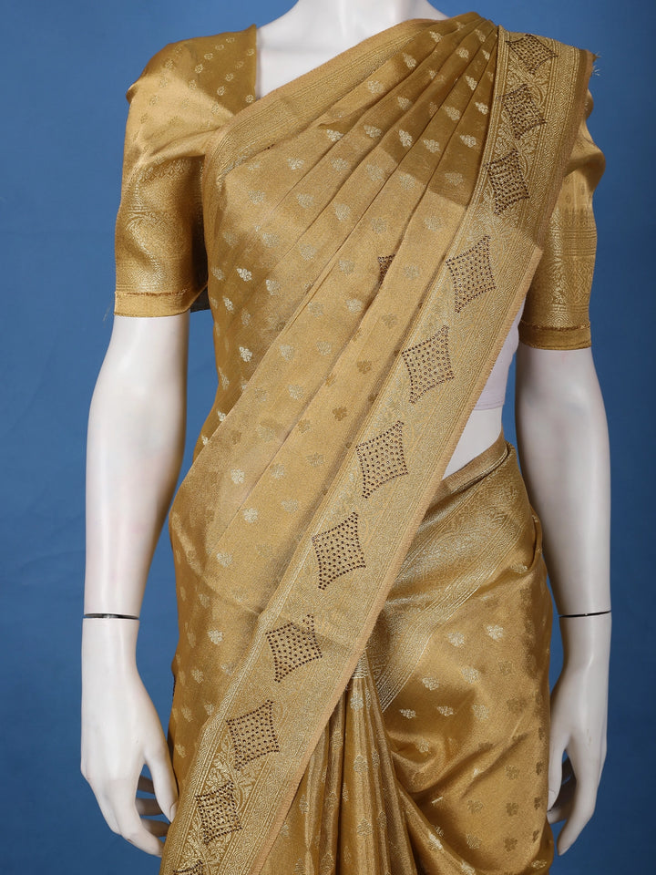 Golden Brown Floral Design Tissue Saree - Diadem