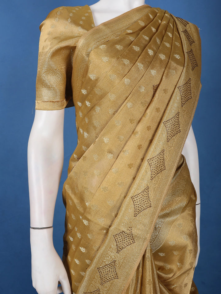 Golden Brown Floral Design Tissue Saree - Diadem