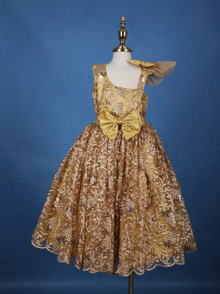 Golden Sequin Embroidered Party Wear Net Frock with Oversized Bow - Diadem