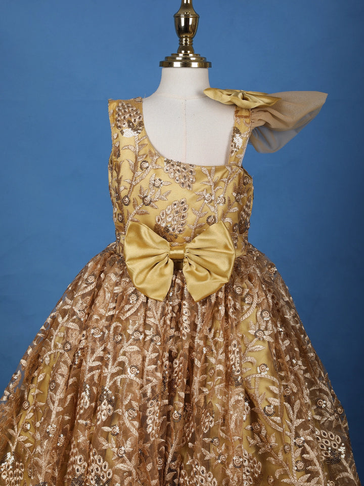 Golden Sequin Embroidered Party Wear Net Frock with Oversized Bow - Diadem