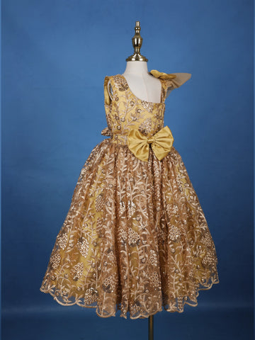 Golden Sequin Embroidered Party Wear Net Frock with Oversized Bow - Diadem