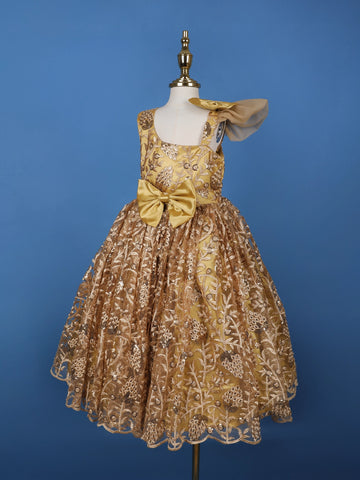Golden Sequin Embroidered Party Wear Net Frock with Oversized Bow - Diadem