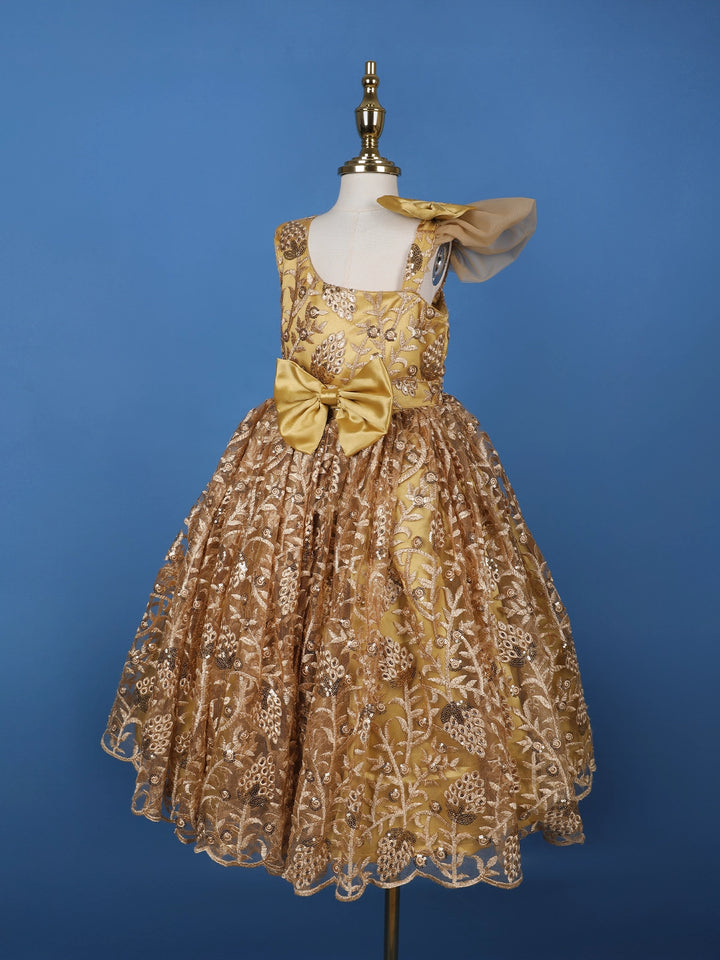Golden Sequin Embroidered Party Wear Net Frock with Oversized Bow - Diadem
