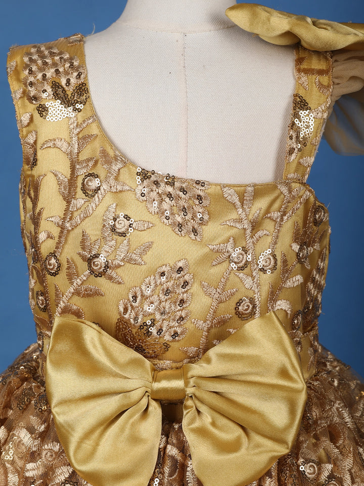 Golden Sequin Embroidered Party Wear Net Frock with Oversized Bow - Diadem