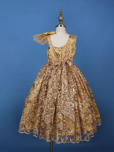 Golden Sequin Embroidered Party Wear Net Frock with Oversized Bow - Diadem