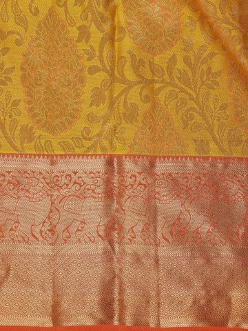 Golden Yellow Floral Woven Pure Kanchipuram Silk Saree - Diadem