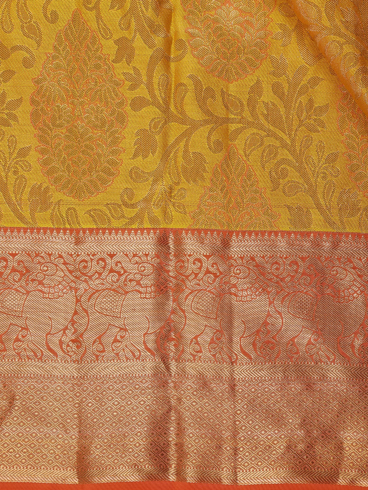 Golden Yellow Floral Woven Pure Kanchipuram Silk Saree - Diadem