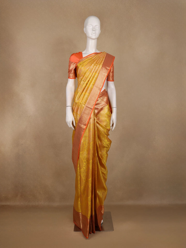 Golden Yellow Floral Woven Pure Kanchipuram Silk Saree - Diadem
