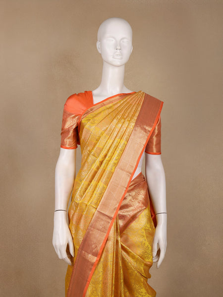 Golden Yellow Floral Woven Pure Kanchipuram Silk Saree - Diadem