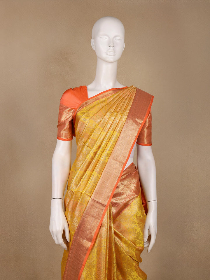 Golden Yellow Floral Woven Pure Kanchipuram Silk Saree - Diadem
