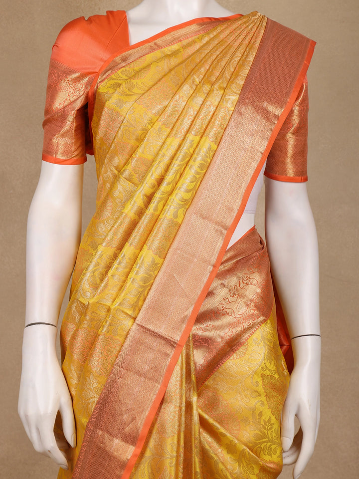 Golden Yellow Floral Woven Pure Kanchipuram Silk Saree - Diadem