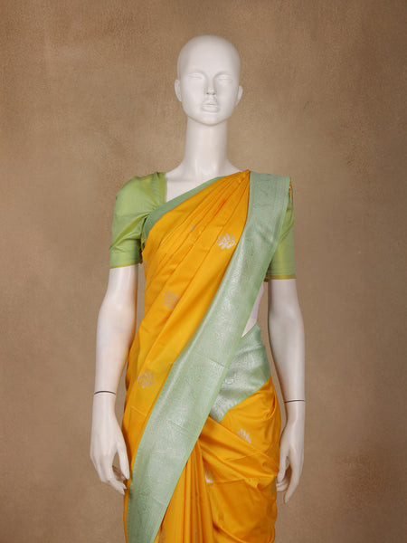 Golden Yellow Leaf Woven Soft Silk Saree with Mint Green Contrast Border - Diadem