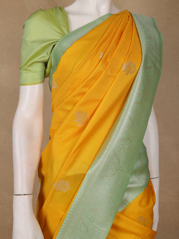 Golden Yellow Leaf Woven Soft Silk Saree with Mint Green Contrast Border - Diadem