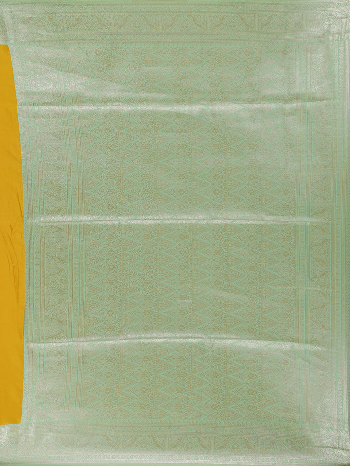 Golden Yellow Leaf Woven Soft Silk Saree with Mint Green Contrast Border - Diadem