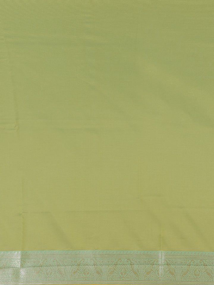 Golden Yellow Leaf Woven Soft Silk Saree with Mint Green Contrast Border - Diadem
