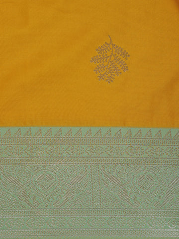 Golden Yellow Leaf Woven Soft Silk Saree with Mint Green Contrast Border - Diadem