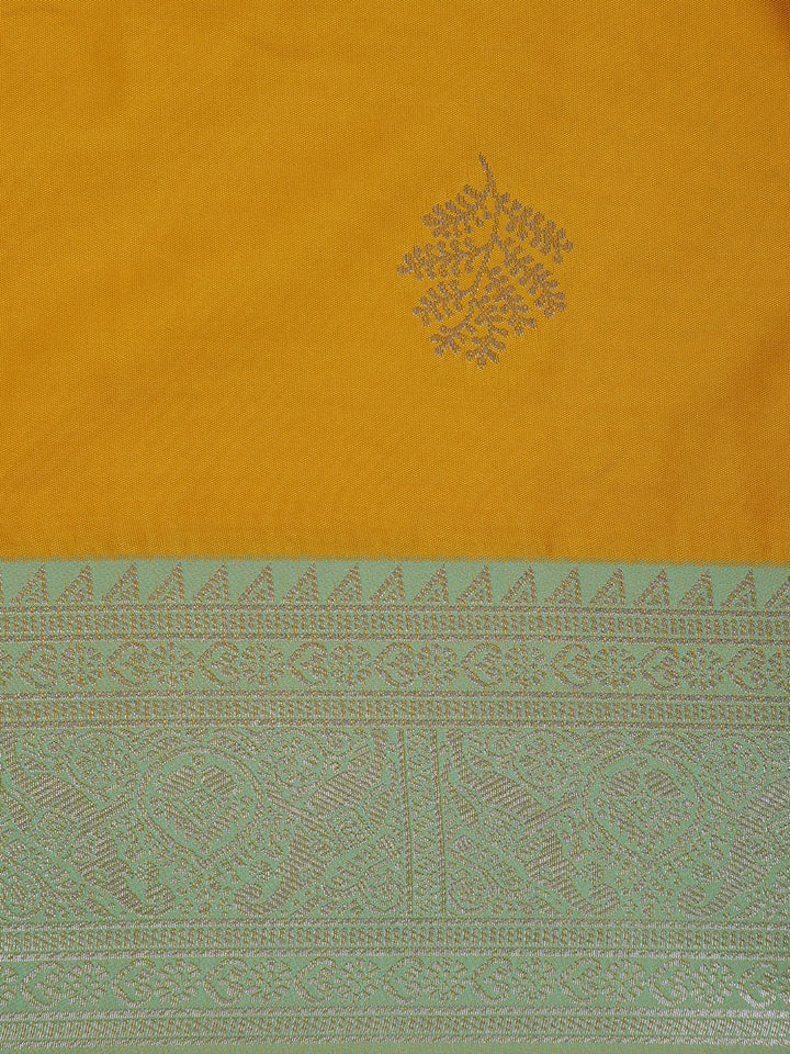 Golden Yellow Leaf Woven Soft Silk Saree with Mint Green Contrast Border - Diadem