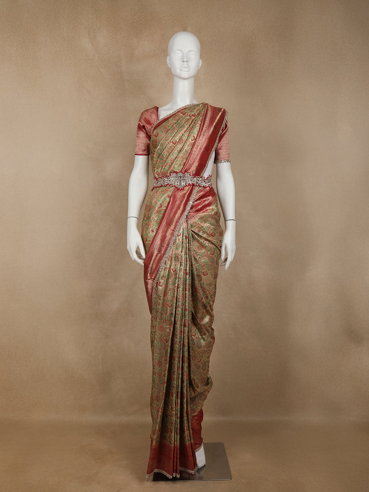 Golden Brown Floral Woven and Stone Work Banarasi Silk Saree - Diadem