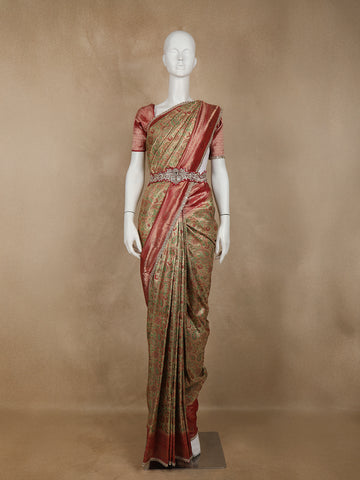 Golden Brown Floral Woven and Stone Work Banarasi Silk Saree - Diadem