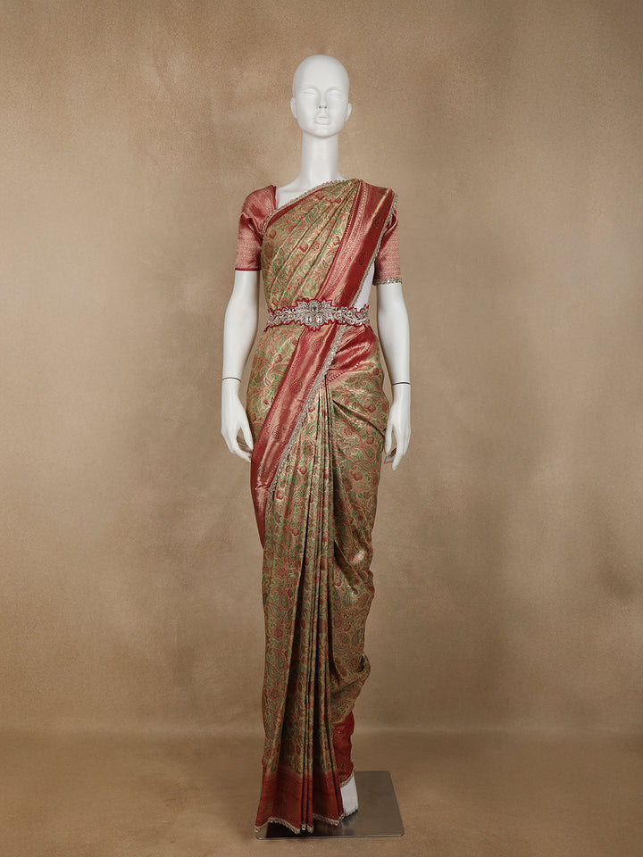 Golden Brown Floral Woven and Stone Work Banarasi Silk Saree - Diadem