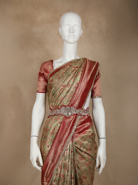 Golden Brown Floral Woven and Stone Work Banarasi Silk Saree - Diadem