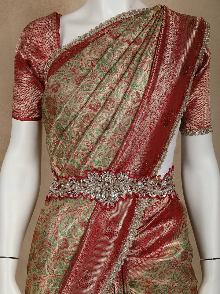 Golden Brown Floral Woven and Stone Work Banarasi Silk Saree - Diadem