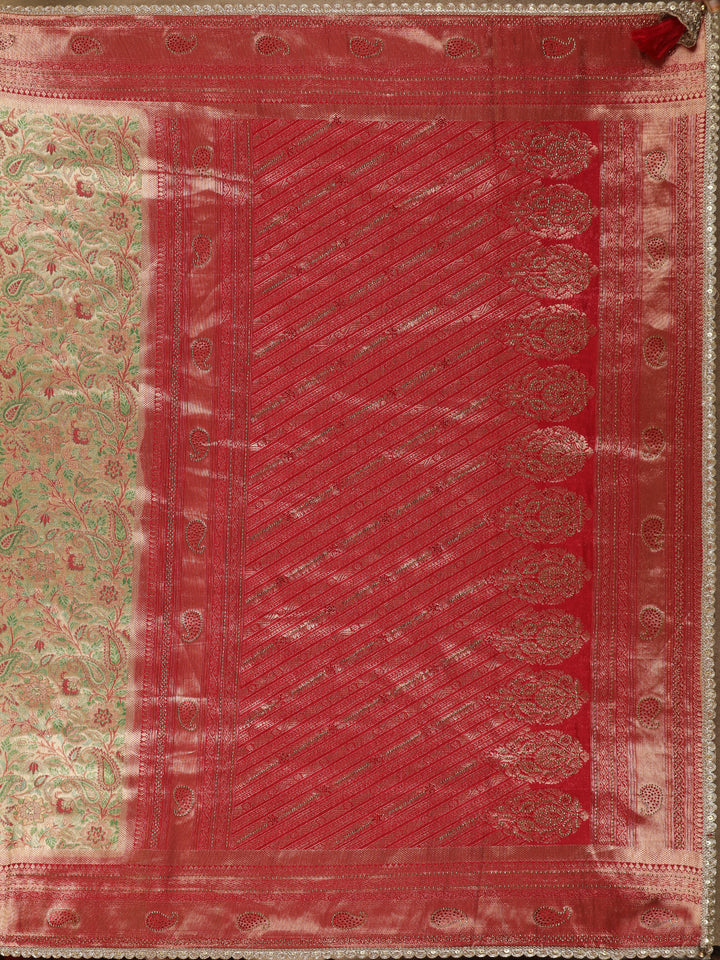 Golden Brown Floral Woven and Stone Work Banarasi Silk Saree - Diadem