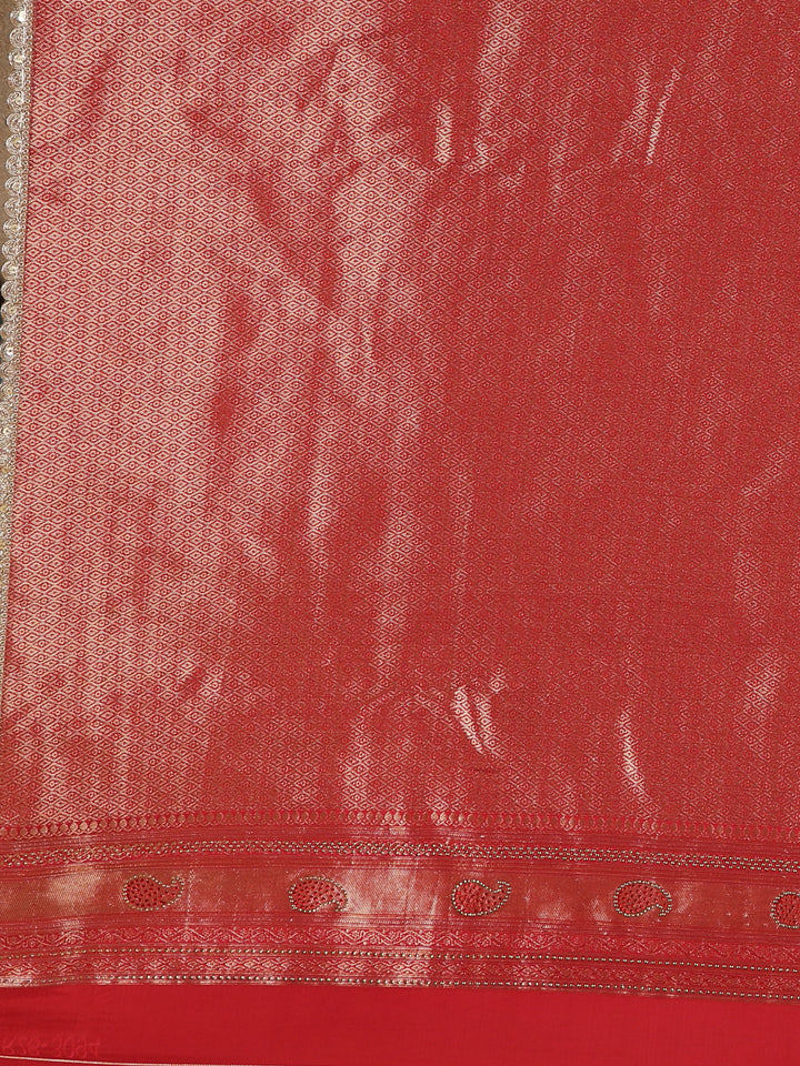 Golden Brown Floral Woven and Stone Work Banarasi Silk Saree - Diadem