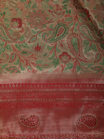 Golden Brown Floral Woven and Stone Work Banarasi Silk Saree - Diadem