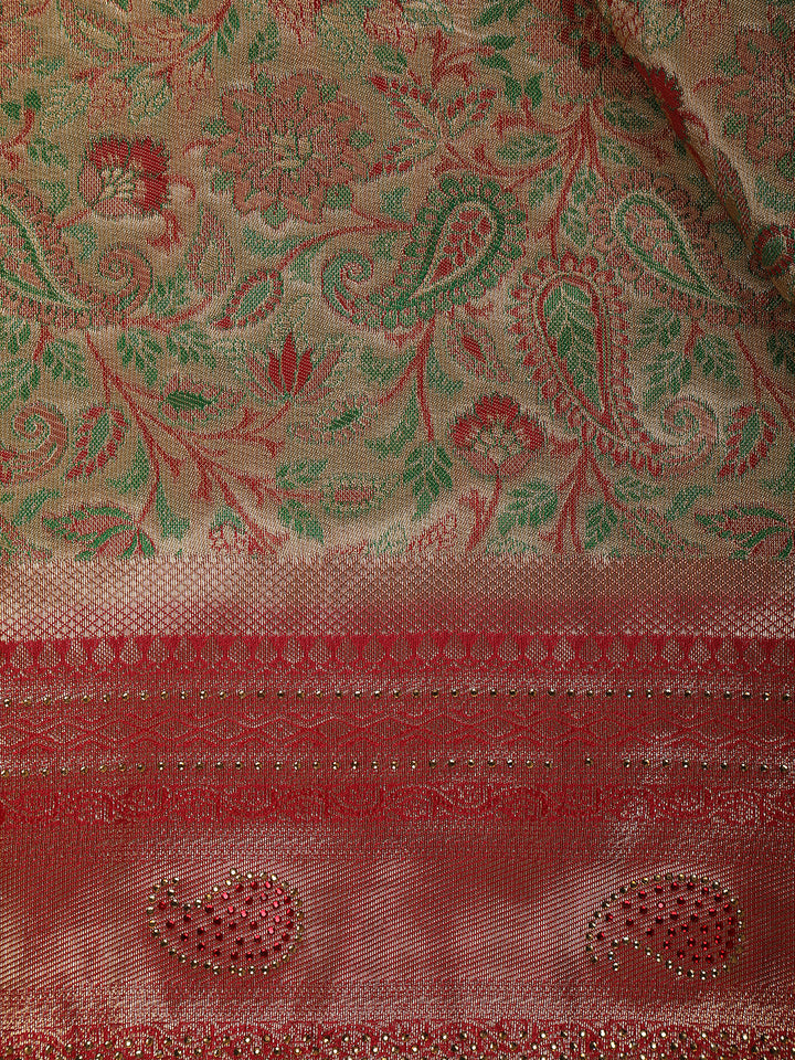 Golden Brown Floral Woven and Stone Work Banarasi Silk Saree - Diadem