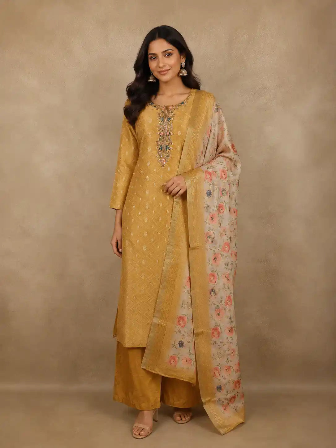 Golden Geometric Woven Tussar Silk Salwar Suit With Floral Dupatta