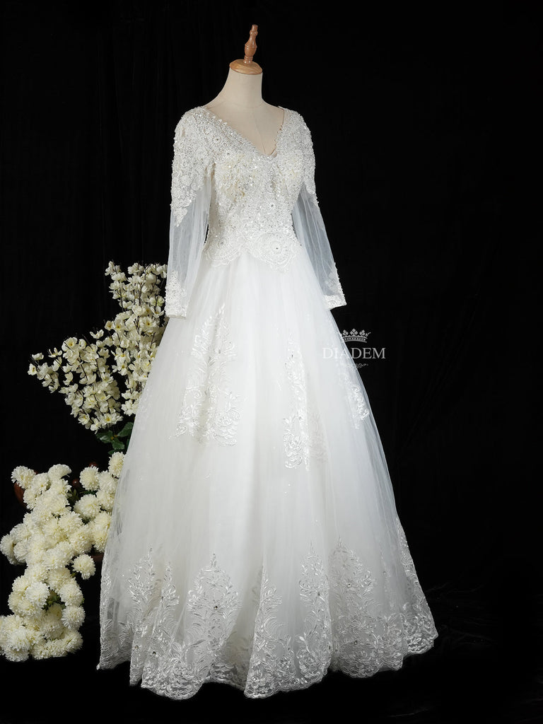 White Net Gown Adorned with Floral Lace and Stone work, Wedding Gown with Full Sleeve