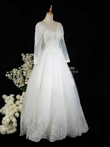 White Net Floral Lace and Stone work Wedding Gown - Diadem