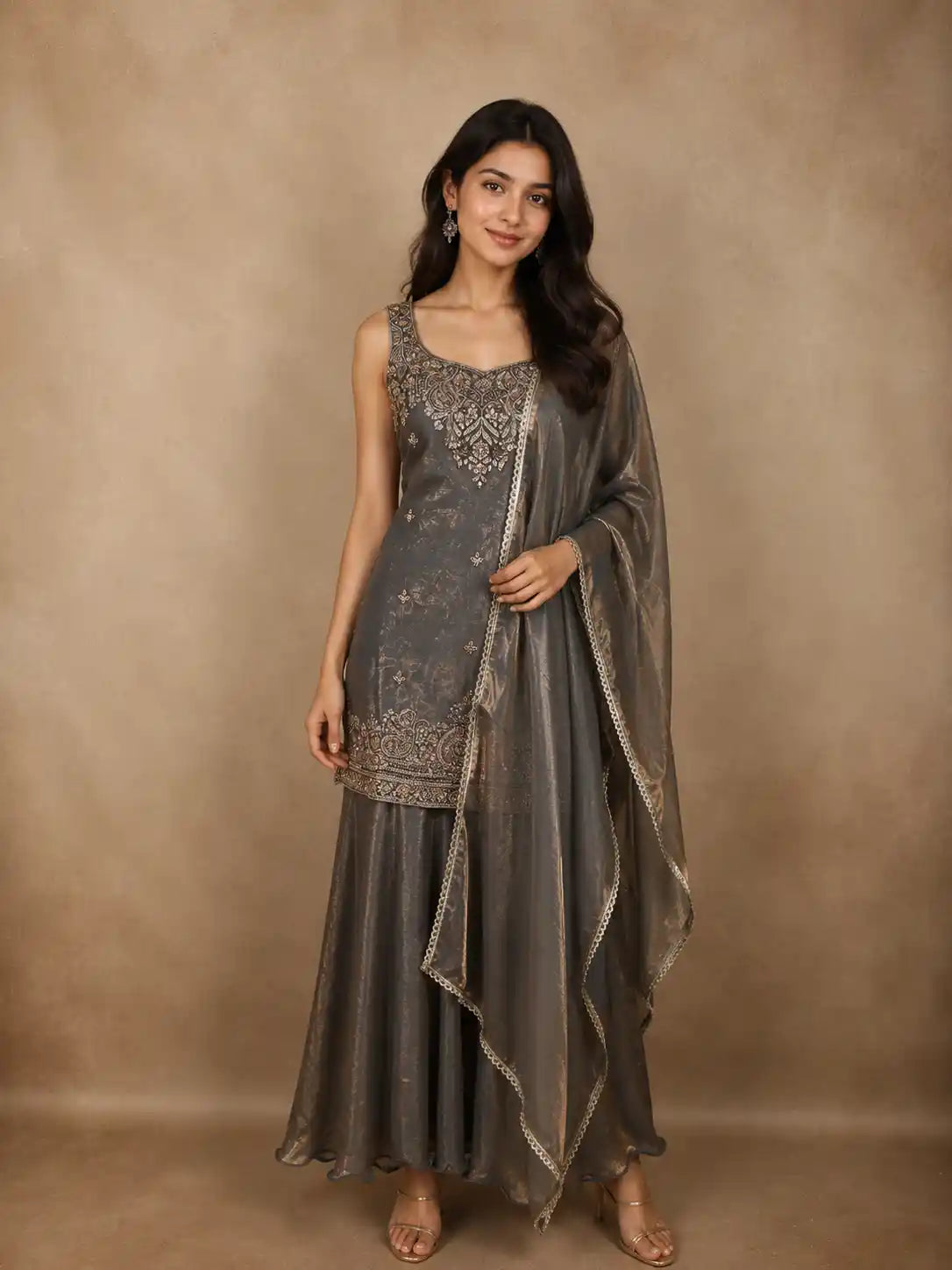 Graphite Grey Sequins and Beads Embroidered Design Organza Palazzo Suit with Dupatta