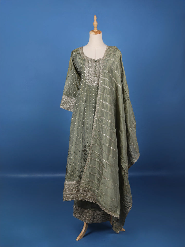 Green Dotted Design Silk Salwar Suit - Diadem