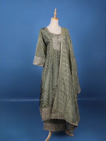 Green Dotted Design Silk Salwar Suit - Diadem