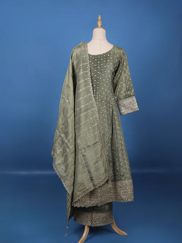Green Dotted Design Silk Salwar Suit - Diadem