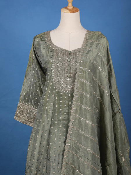 Green Dotted Design Silk Salwar Suit - Diadem