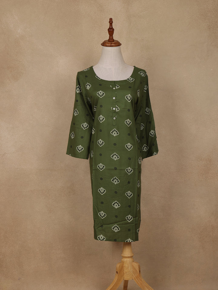 Green Floral Design Print Rayon Kurti - Diadem