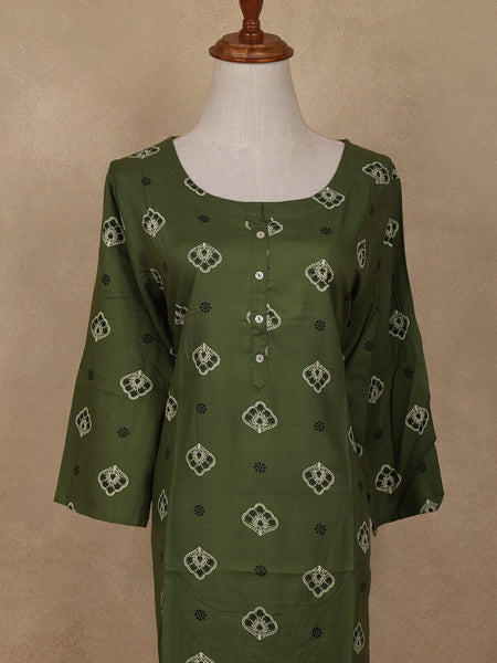 Green Floral Design Print Rayon Kurti - Diadem