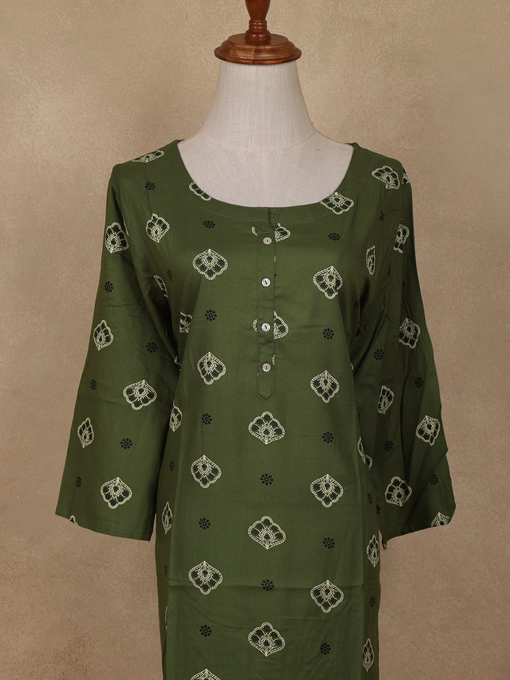 Green Floral Design Print Rayon Kurti - Diadem