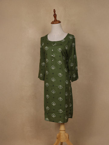 Green Floral Design Print Rayon Kurti - Diadem