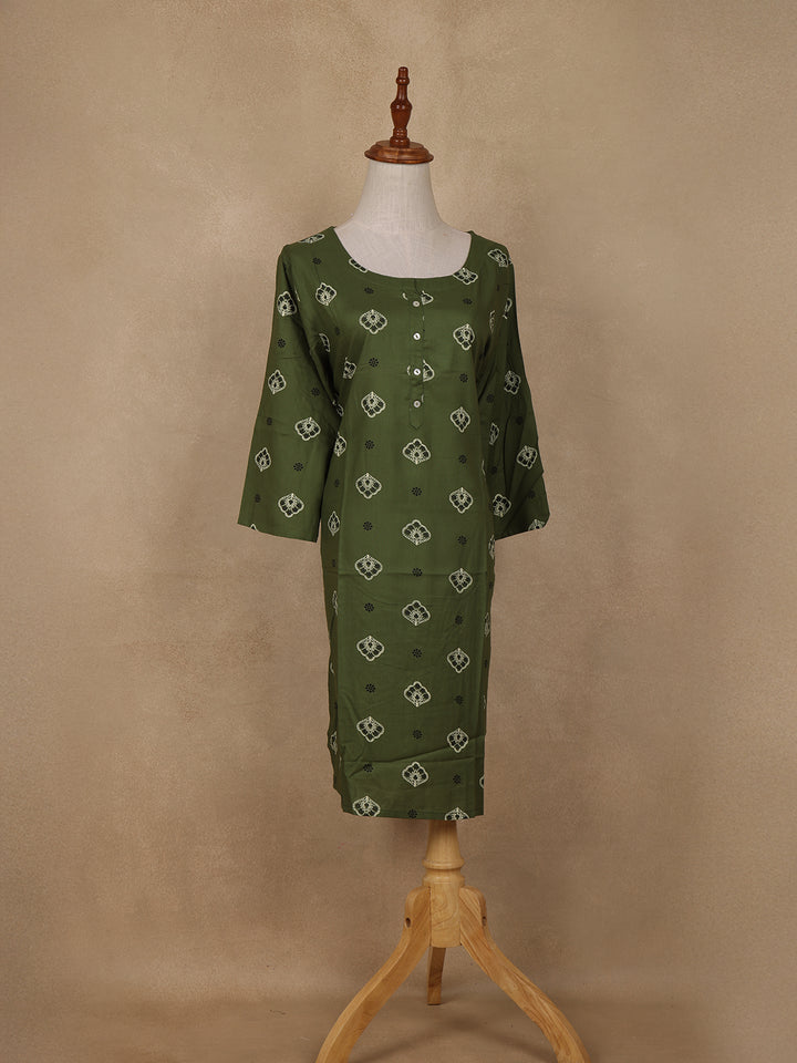 Green Floral Design Print Rayon Kurti - Diadem