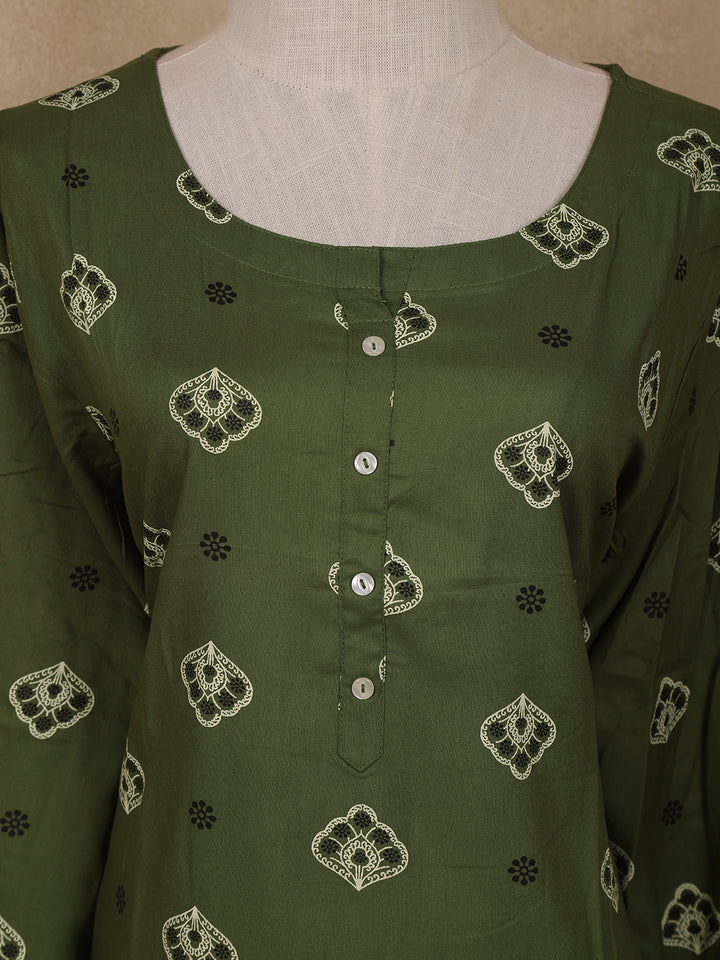Green Floral Design Print Rayon Kurti - Diadem