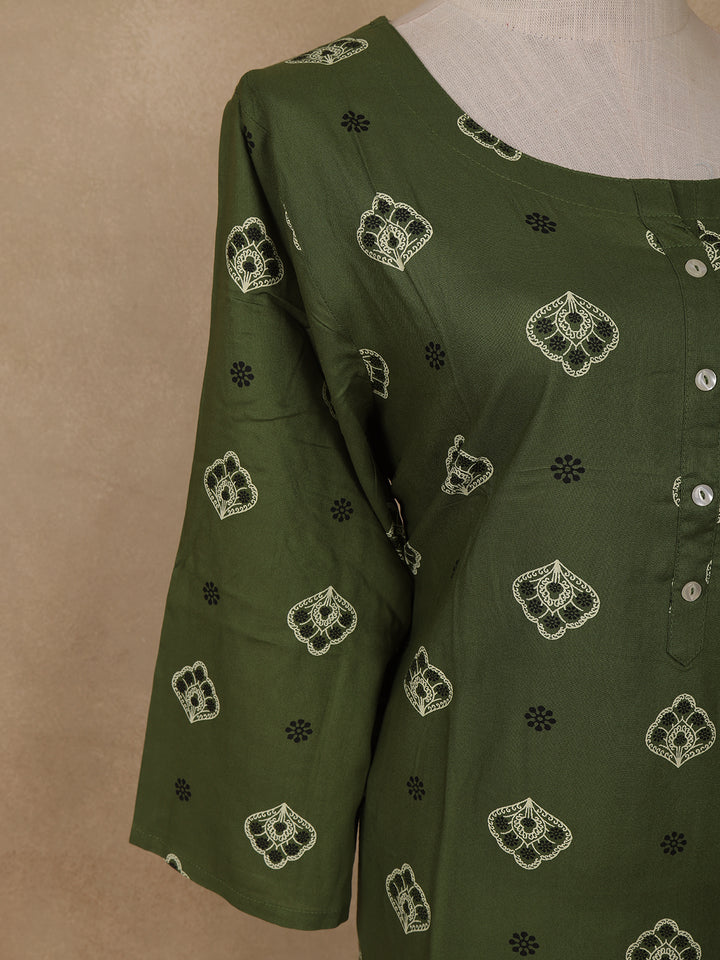 Green Floral Design Print Rayon Kurti - Diadem