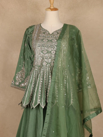 Green Floral Designed Semi Silk Lehenga - Diadem
