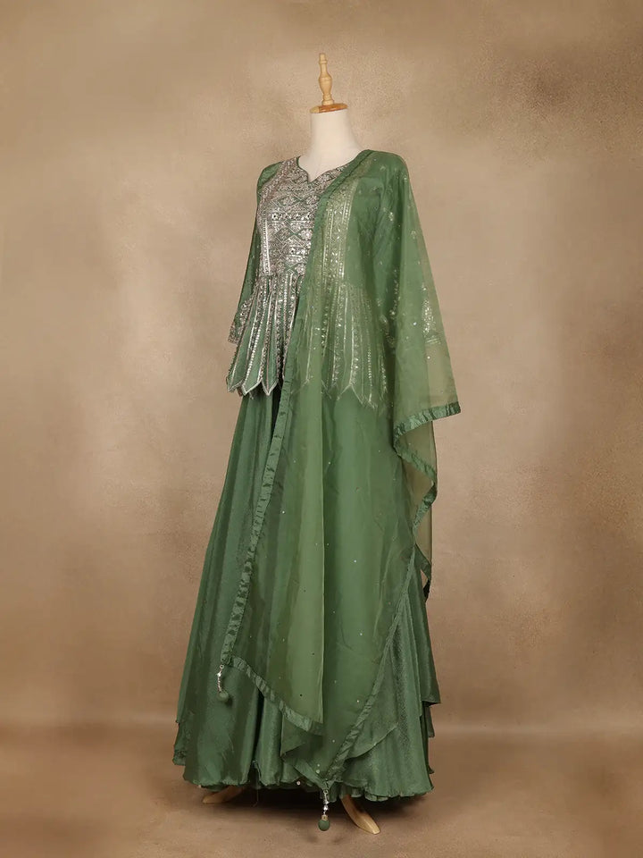 Green Floral Designed Semi Silk Lehenga - Diadem